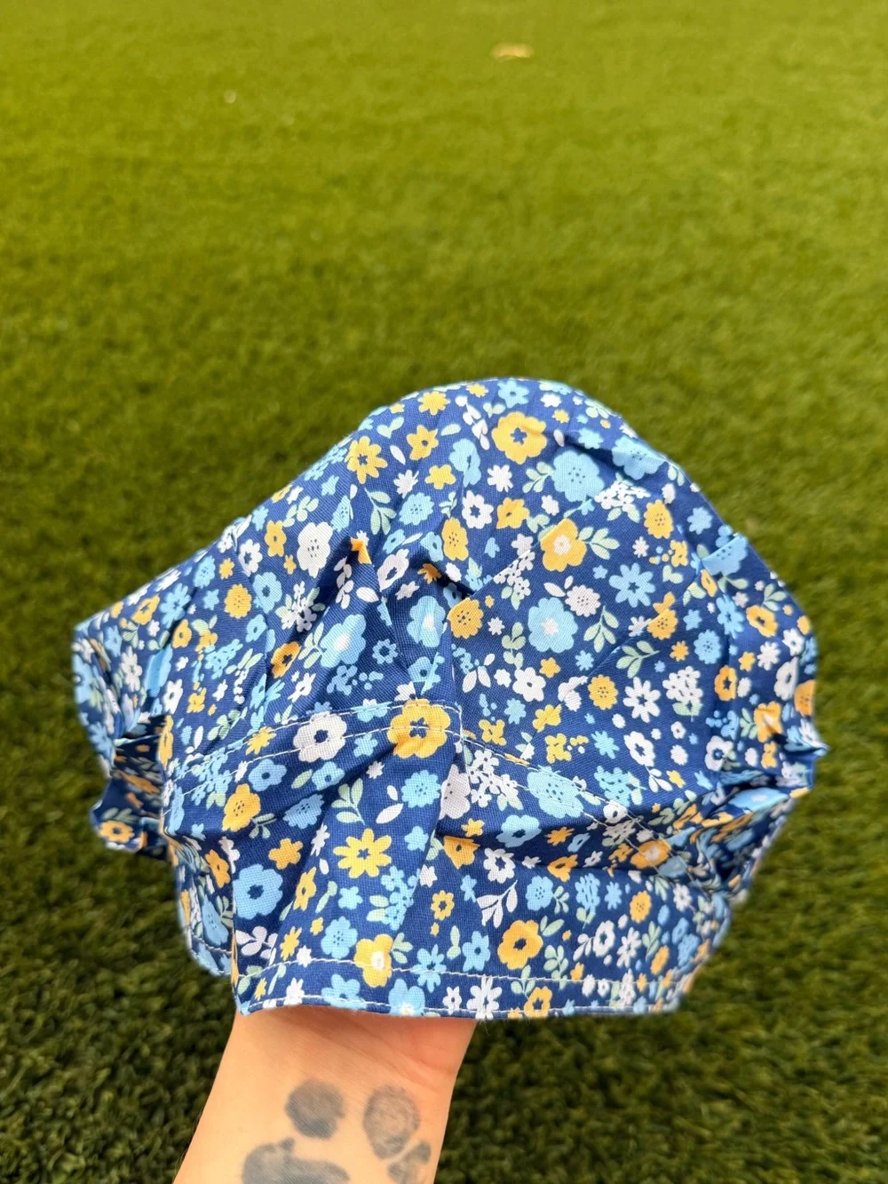 Blue & Yellow Floral Bouffant Scrub Cap - Lightweight Adjustable Headwear